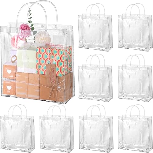 BESARME Paquete de 30 bolsas de regalo transparentes de 11 x 11 x 4 pulgadas con asa, bolsas de plástico grandes para regalo, bolsas transparentes