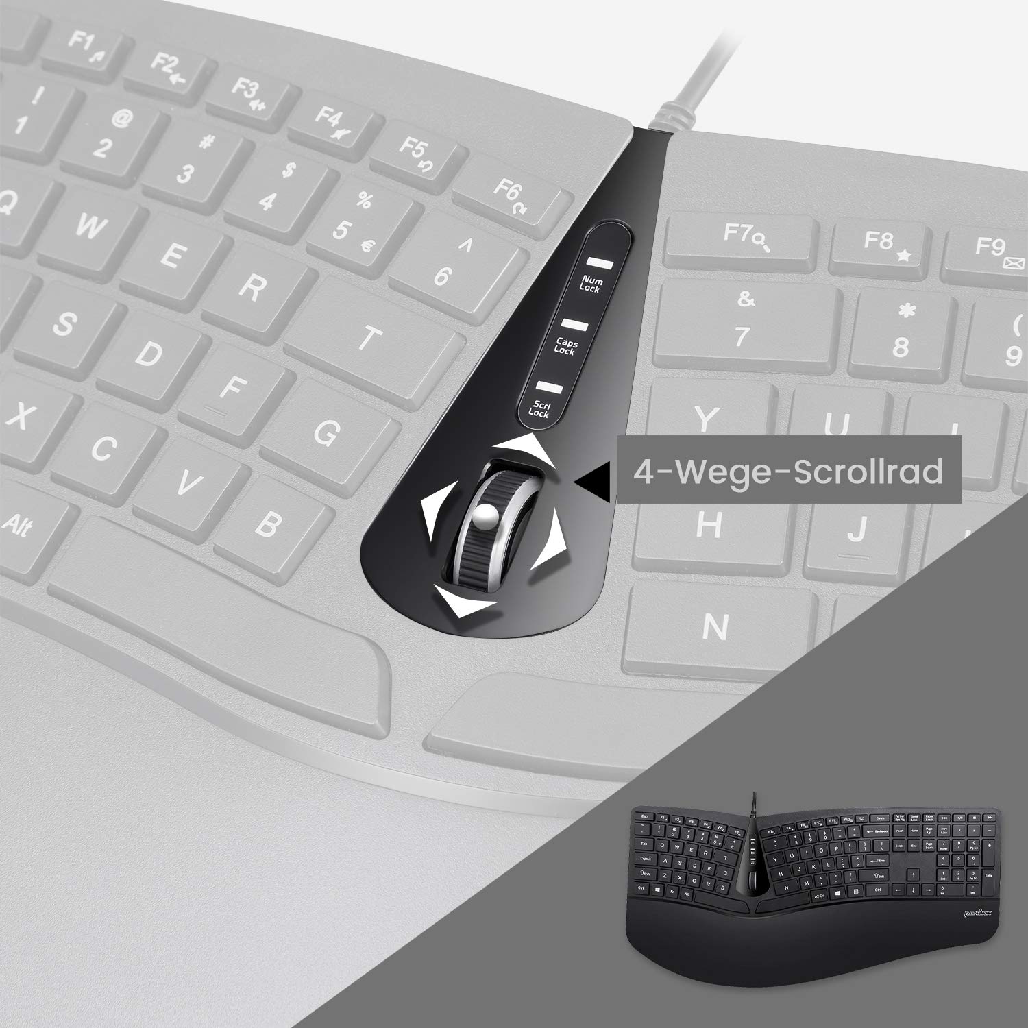 Perixx Periduo-505 - Tastiera ergonomica con mouse verticale, tastiera divisa, rotella di scorrimento a 4 vie, poggiapolsi personalizzabile, tasti piatti, con cavo USB, QWERTZ