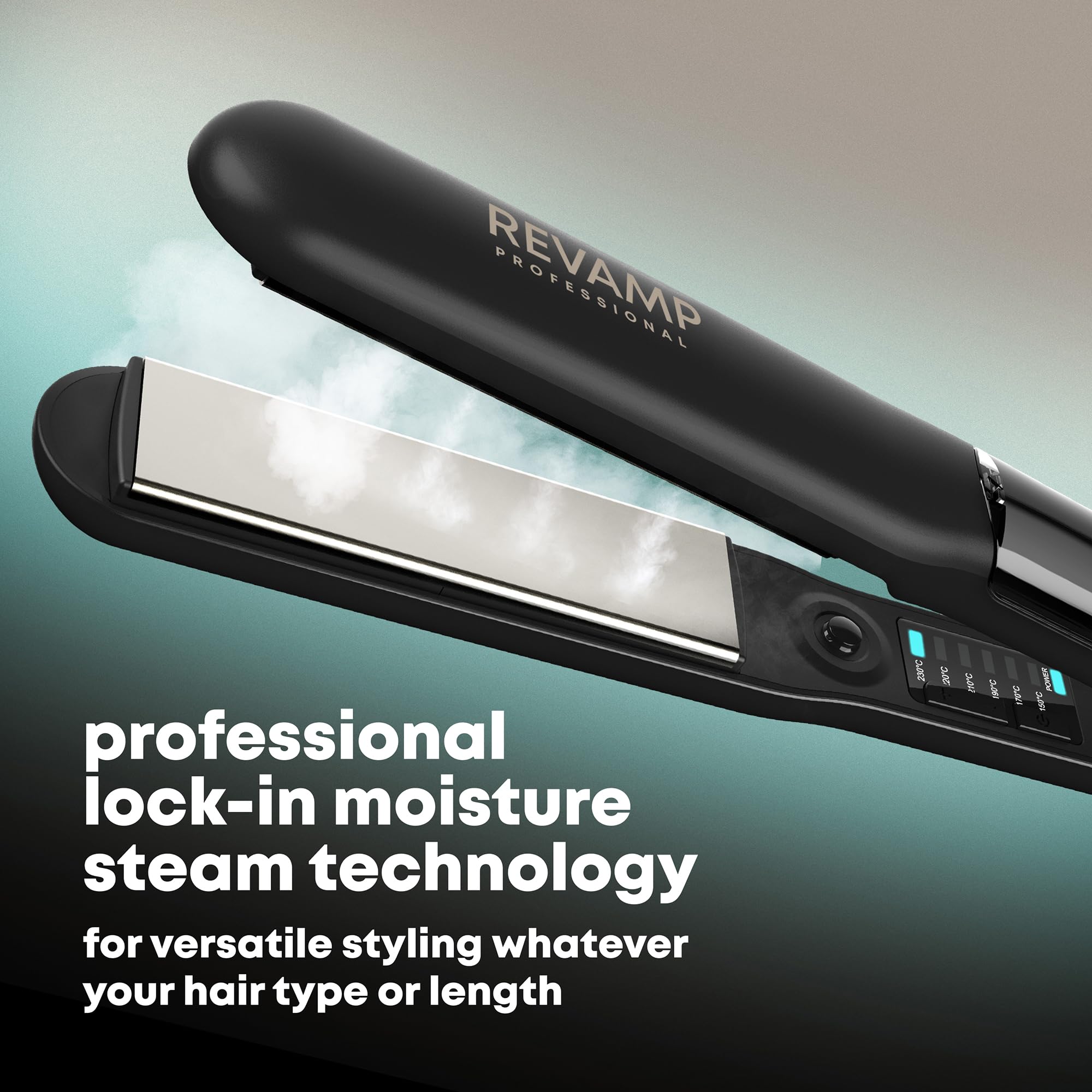 REVAMP Progloss Steam Care, Piastra per Capelli Professionale in Ceramica a Vapore con Tecnologia Ionica per Capelli Lisci e Morbidi, Infusa con Oli Liscianti Anticrespo, Temperatura 150°C-230°C, Nero