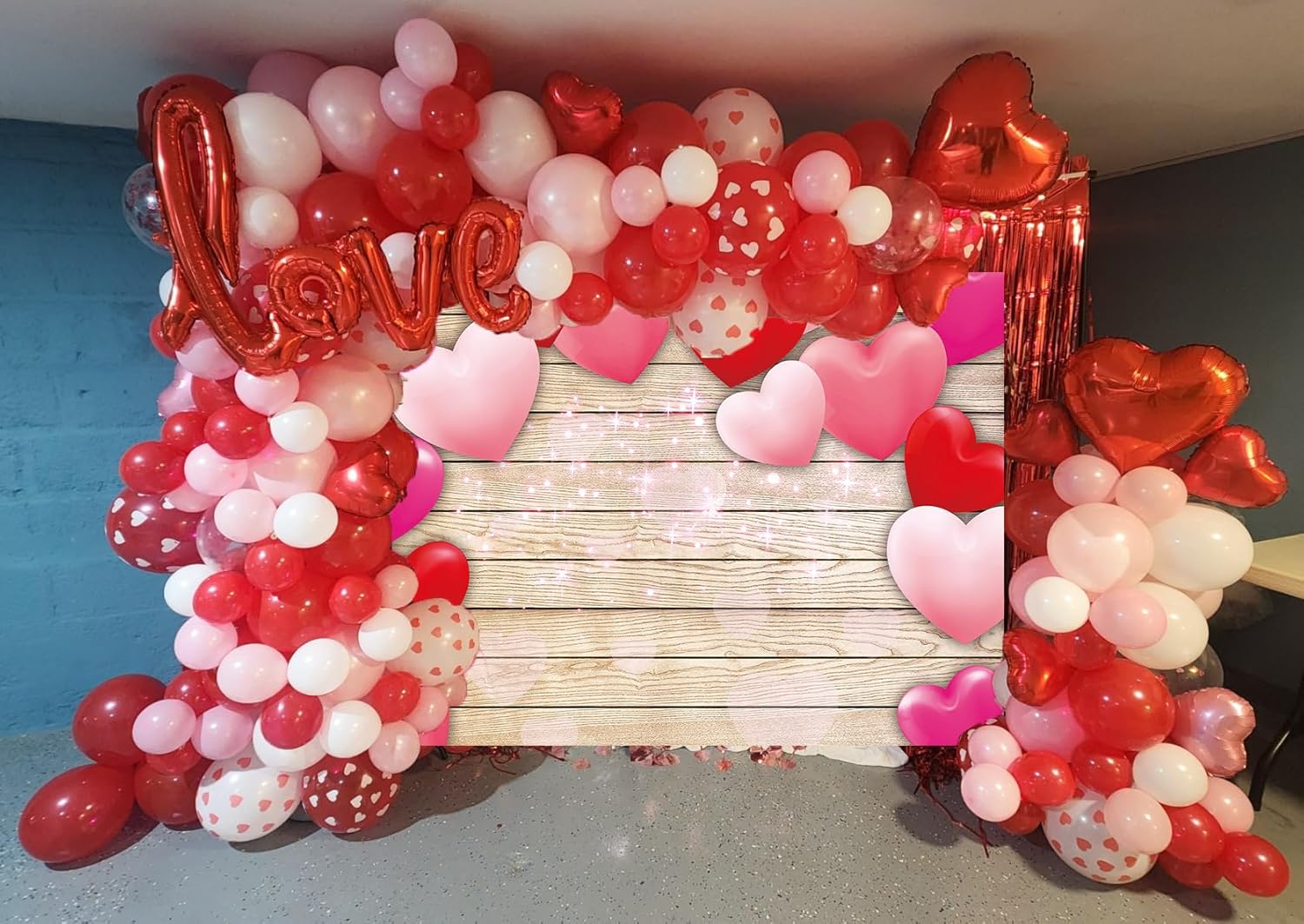 Valentine's Day Photography Backdrop 7x5FT Pink Heart Backdrop Wooden Glitter Lights Red Love Heart Balloons Background for Valentine's Day Baby Shower Party Wall Decorations Banner