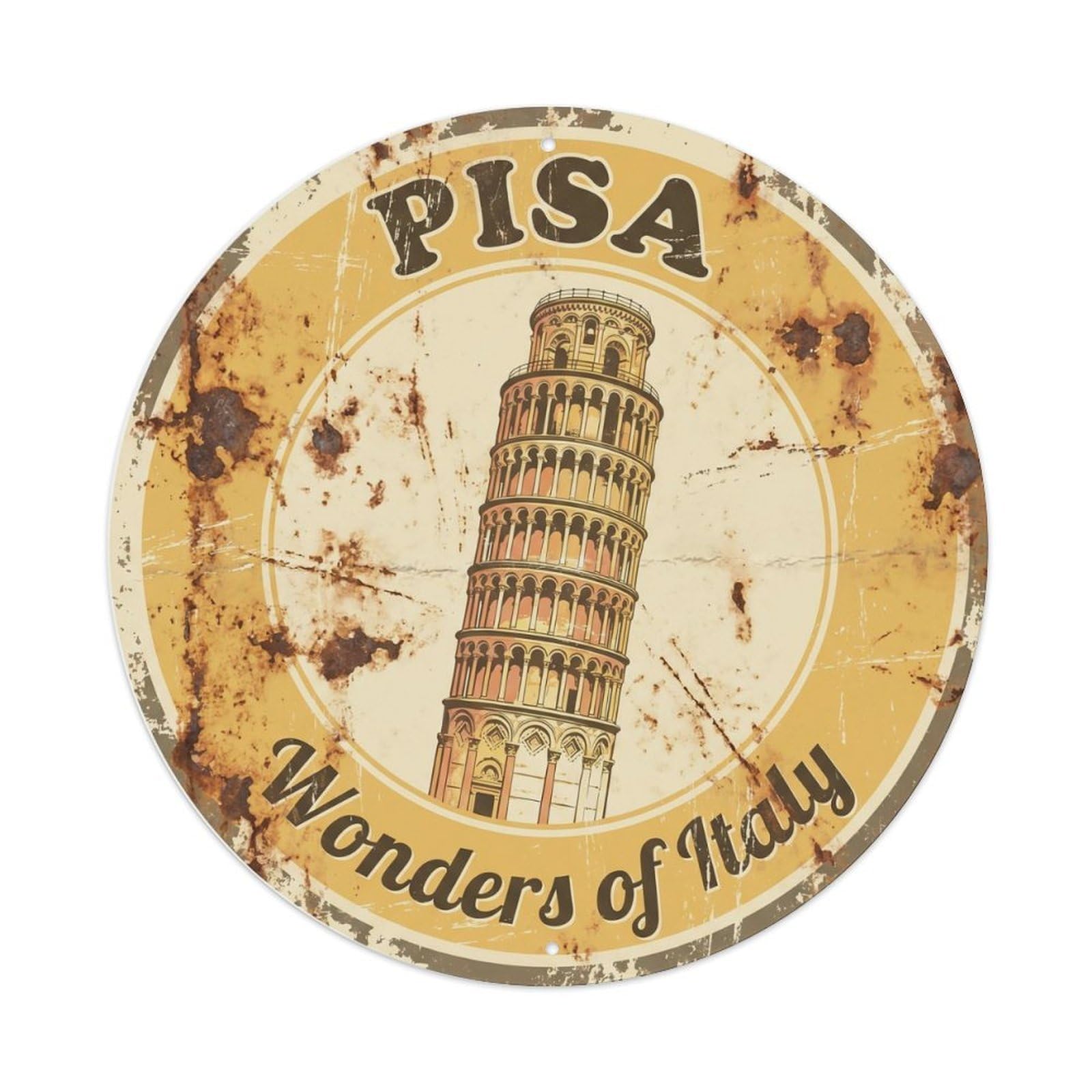 Vintage Travel Pisa Tower Historic Metal Tin Sign Plaque Wall Decor for Cafe, Club Bar, Office, Home Garden Round Metal Poster 8x8Inch