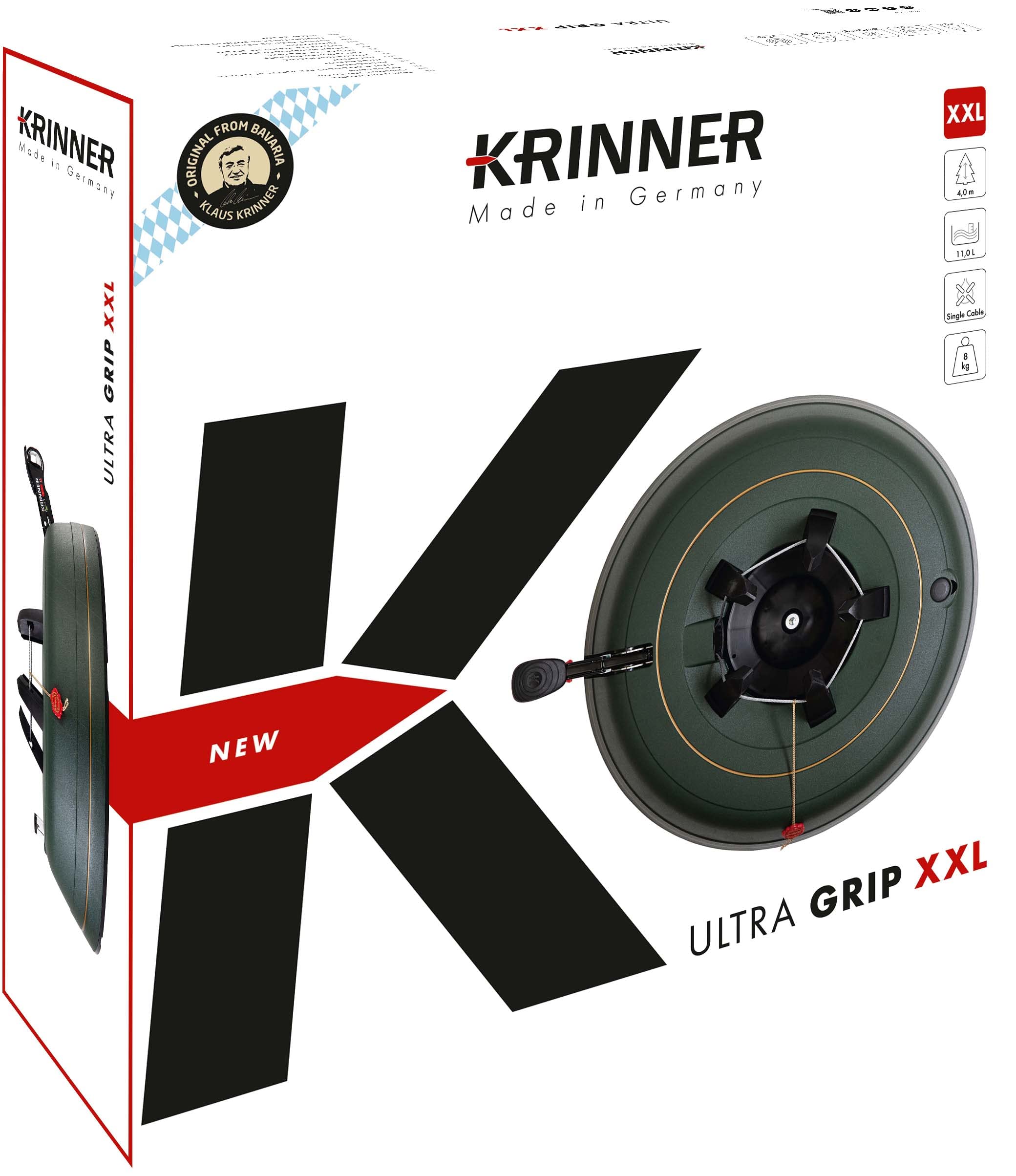 KRINNER® Ultra Grip XXL Christbaumständer Weihnachtsbaumständer inkl. Einseiltechnik Fußpedal mit Sicherungsglocke und 11,0 Liter Wassertank für Baumhöhe bis 4,0m Made IN Germany 94255, Grün (Matt)