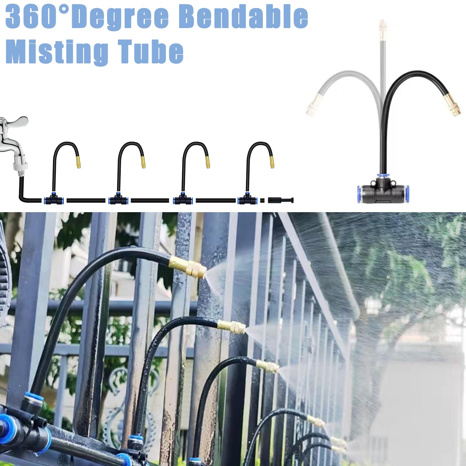 Kit di irrigazione a goccia pieghevole da 1,2 m, sistema di irrigazione delle piante regolabile a 360° + 20 giunti a T aggiornati + 15 ugelli nebulizzatori + adattatore standard per rubinetto +