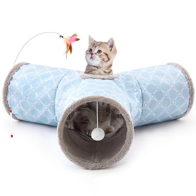 Túnel para gatos Tempcore 3 vias dobrável com forro de fleece, Geometry Blue, tamanho Small