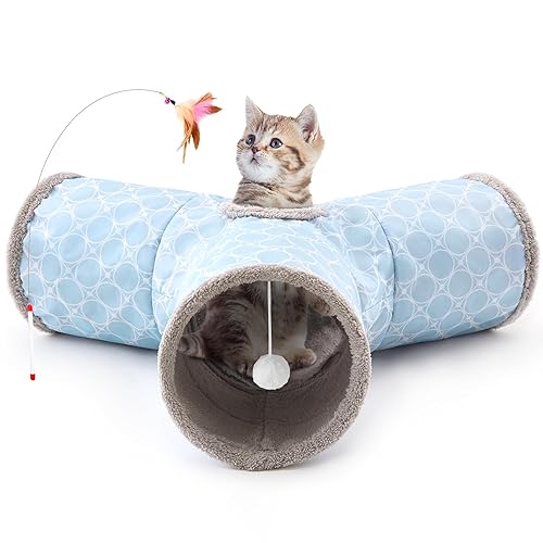 Tempcore Cat Tunnels for Indoor Cats Fleece-Lined in for Warmth, Pet Tube Toys 3 Way Collapsible, Pet Play Tunnel with Peek Hole Toy Ball for Kitty, Kitten, Rabbit, Geometry Blue - 3-Way - 3-Way Geometry Blue