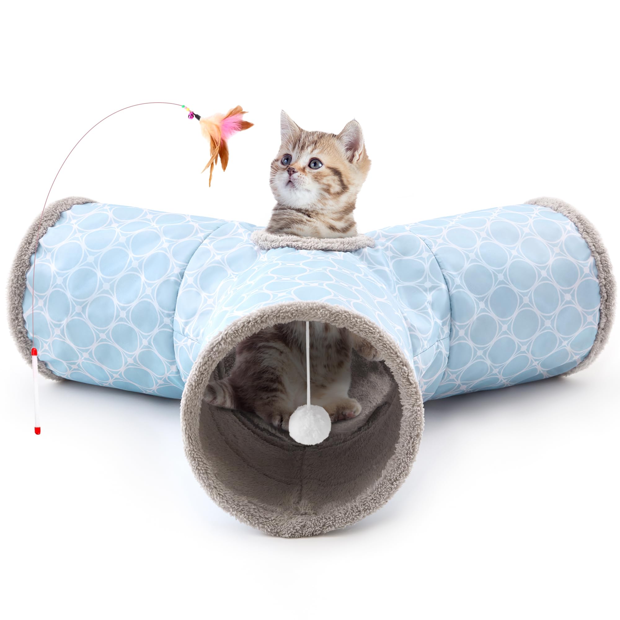 Tempcore Cat Tunnels for Indoor Cats Fleece-Lined in for Warmth, Pet Tube Toys 3 Way Collapsible, Pet Play Tunnel with Peek Hole Toy Ball for Kitty,