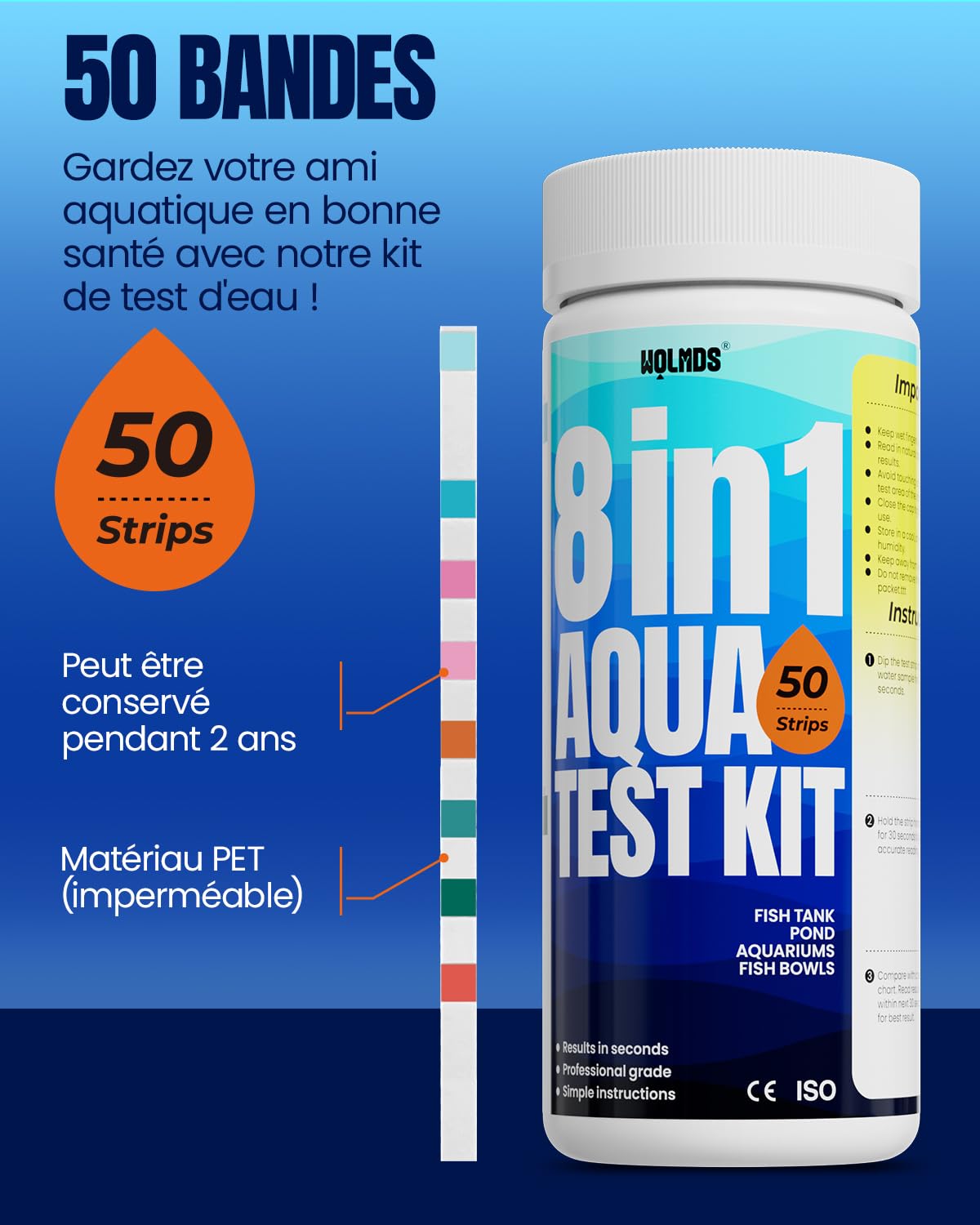 Bandelettes de test d'aquarium – Boîte de test d'eau 8 en 1 : tests rapides et précis pour l'eau douce et l'eau salée, 50 bandelettes pour mesurer le nitrite, l'ammoniac pour l'entretien