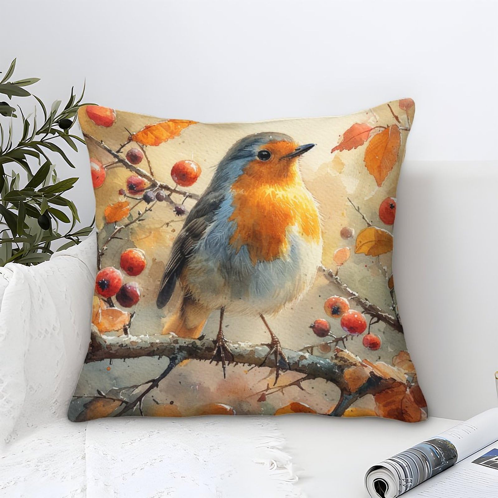 UNRXJZLVM Robin Cushion Cover 1 Pack Decorative Machine Washable Pillowcases Square Pillow Cases with Invisible Zipper Cushion Covers for Sofa Couch Home Bedroom Throw Pillow Case 45x45cm