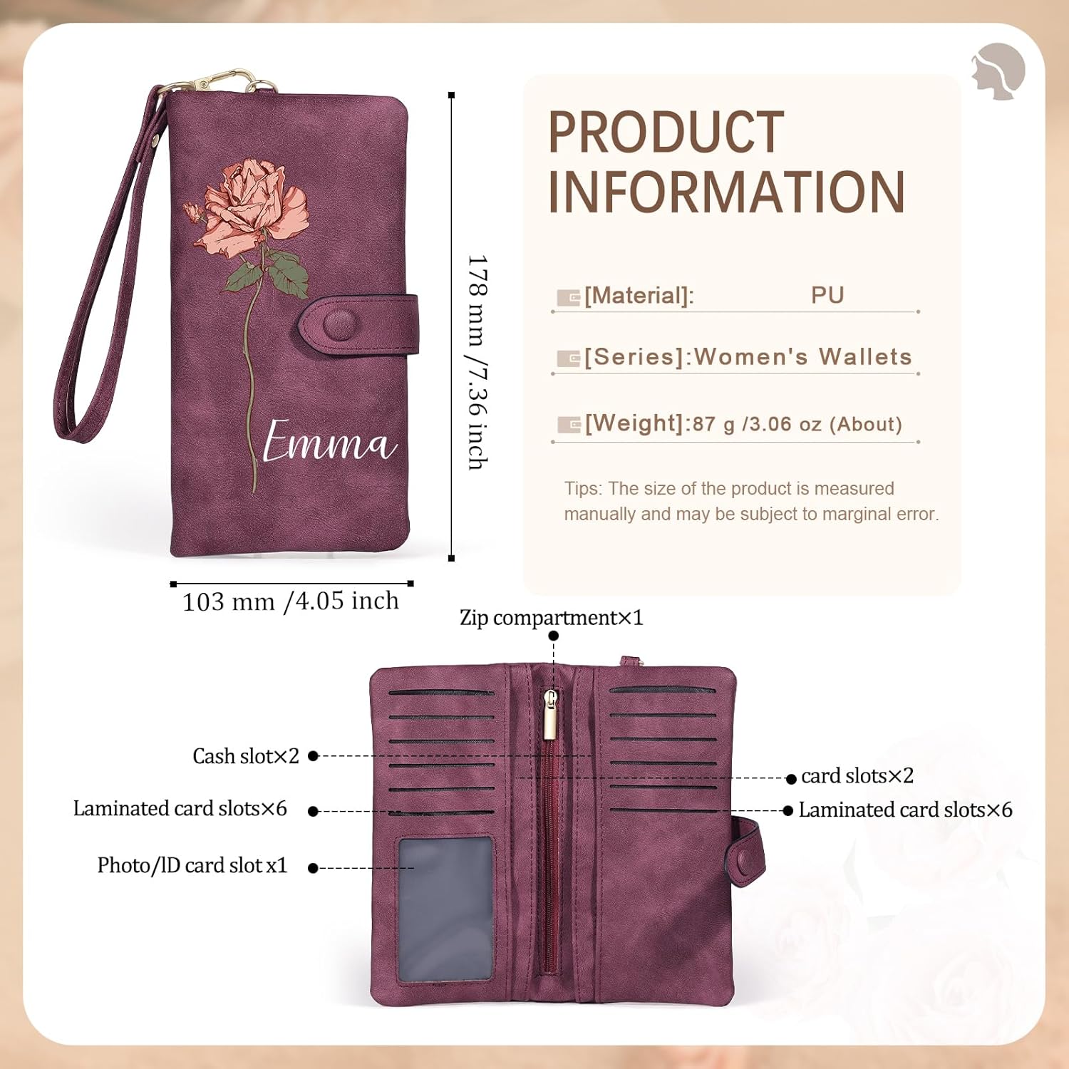 Custom Name Birth Flower Wallet for Women, Personalized Stylish Card Holder Purse with Zipper, Large Capacity Wallet Mother's Day Christmas Gifts for Mom Daughter (Purple) - Image 5