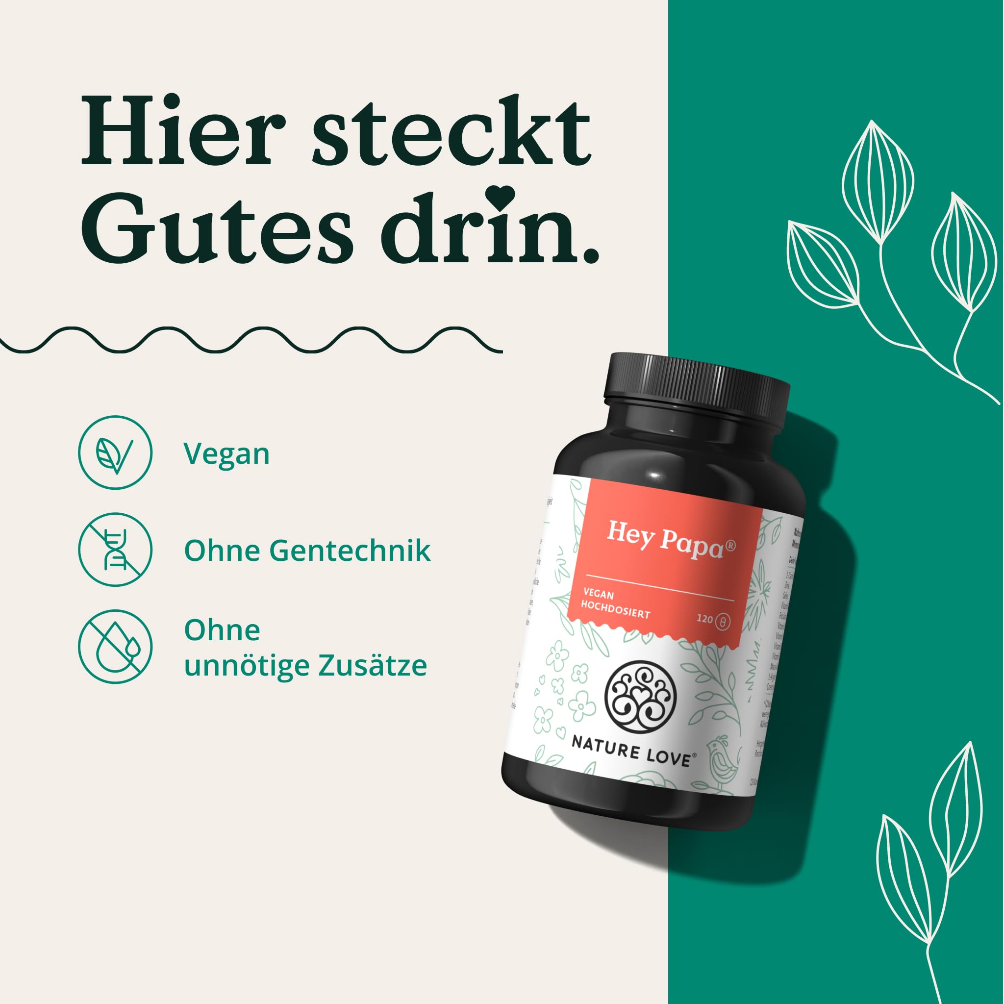 Nature Love Hey Papa - 120 Kapseln - 12 Inhaltsstoffe: Folsäure, Maca, Selen, Zink, L-Arginin, L-Carnitin, Q10, Vitamin C, B6, B12, D3 und E - vegan und laborgeprüft