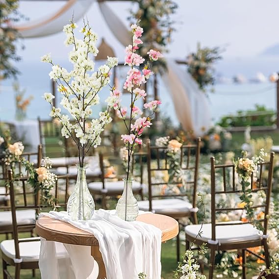 6PCS Artificial Cherry Blossom Branches Faux Cherry Silk Flowers Vine Tall Stems Artificial Flower for Vase Wedding Home Decor (White)