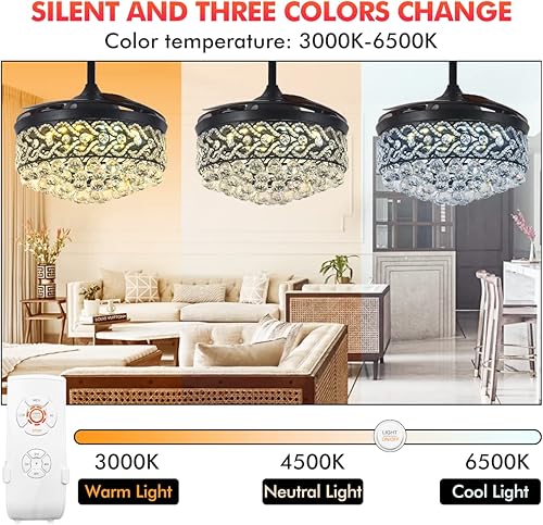 Miniatura 3 de MORE CHANGE Ventilador de techo de cristal de 42 pulgadas con luz y control remoto moderno ventilador de techo negro con cuchillas retráctiles
