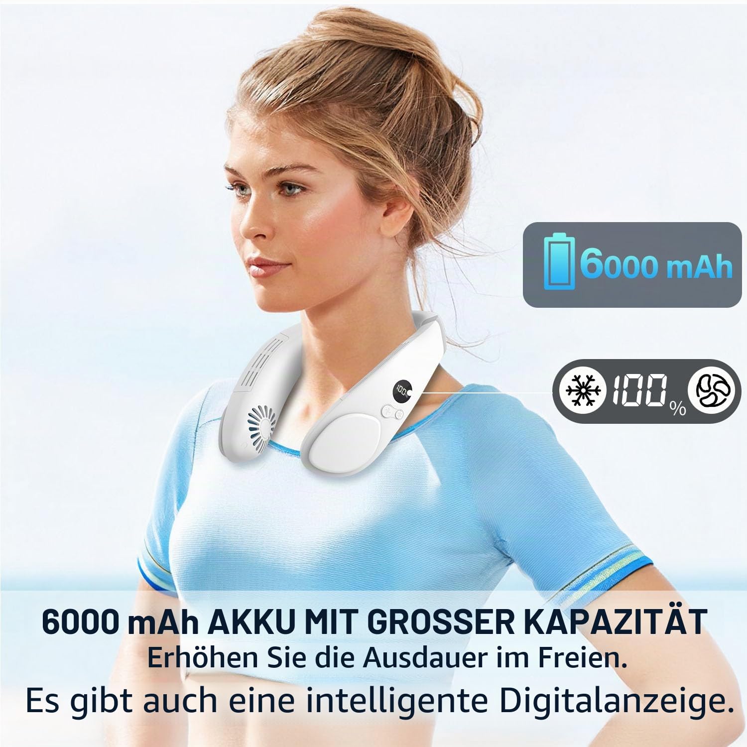Blattloser Hals-Ventilator 6000 mAh mit Kühlplatte, wiederaufladbar, tragbar, leise, für Reisen Camping Outdoor (weiß)