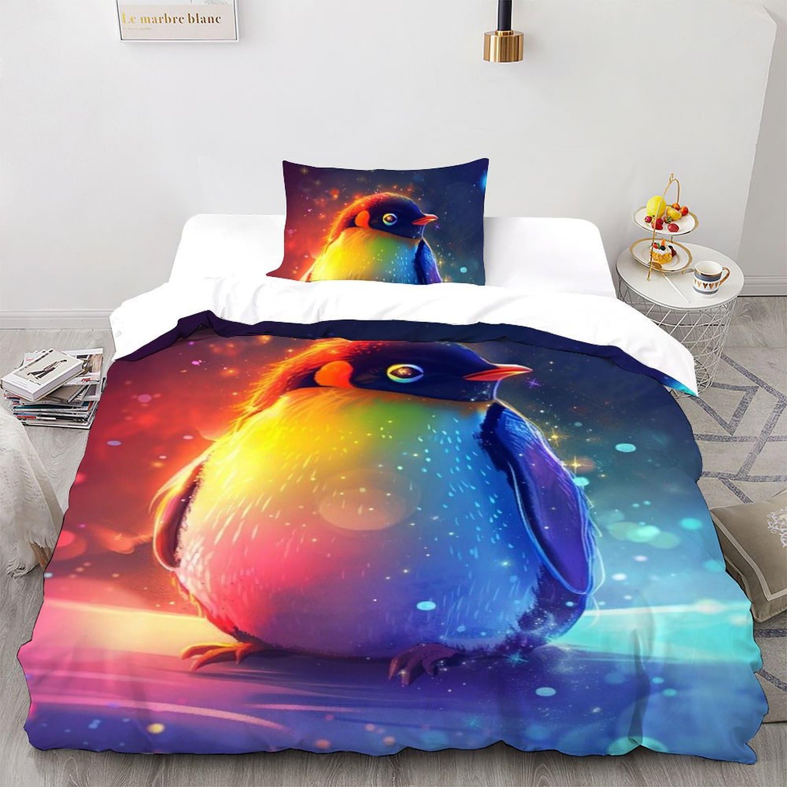 Housse de couette enfant pingouin 135x200 parure lit simple microfibre animaux imprimé 3D