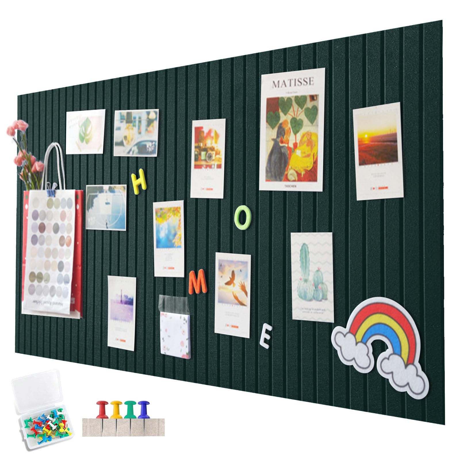 EUBSWA 120 x 90 cm Large Felt Notice Board, Self-Adhesive, Vertical Stripes, Decorative Notice Board, Felt Board, Foldable Photo Board, Memo Boards, Bulletin Board for Office, Kitchen, Dark Green
