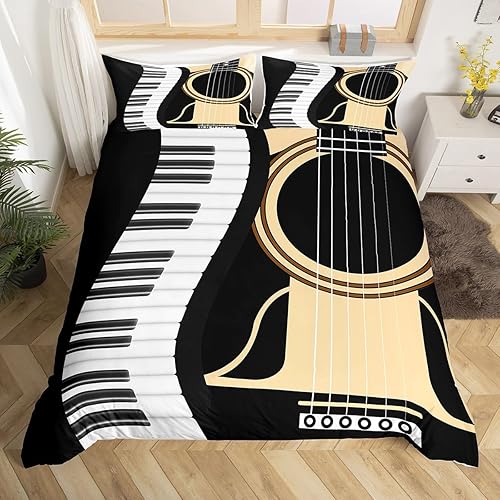 Erosebridal Juego de funda de edredón de guitarra tamaño Queen para niños y niñas, juego de ropa de cama con teclados de piano, funda de edredón