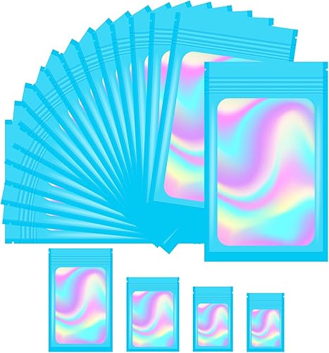 100 bolsas a prueba de olores, 4 tamaños, bolsas holográficas resellables de Mylar con ventana transparente, bolsas de embalaje a prueba de olores