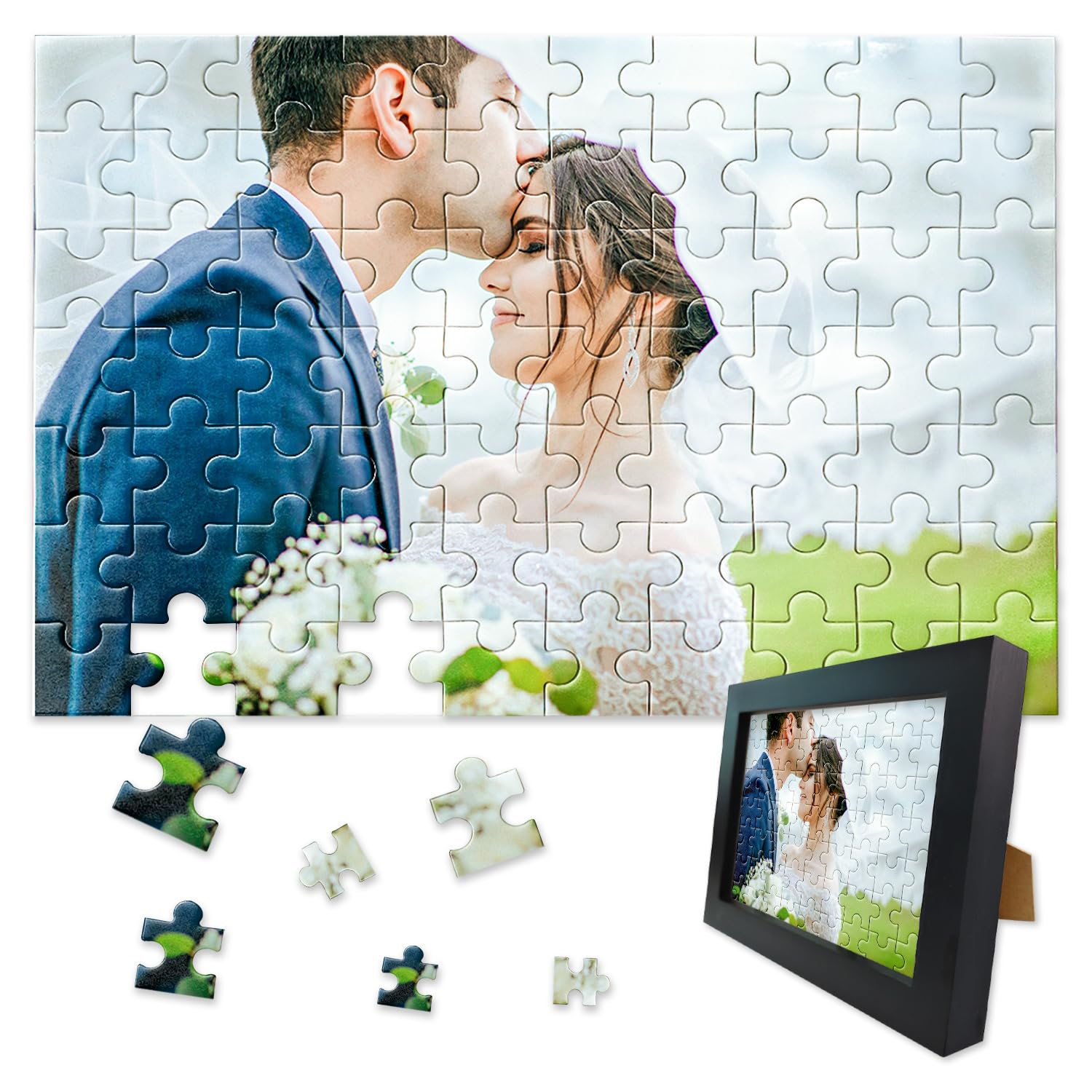 Personalised Jigsaw Puzzles for Adults 1000/500/300/200/70 Pieces,Wooden Custom Puzzle with Black Frame,Personalised Gifts for Family,Pet,Wedding,Birthday,Valentine's Day,Holiday Memory(70 PCS)