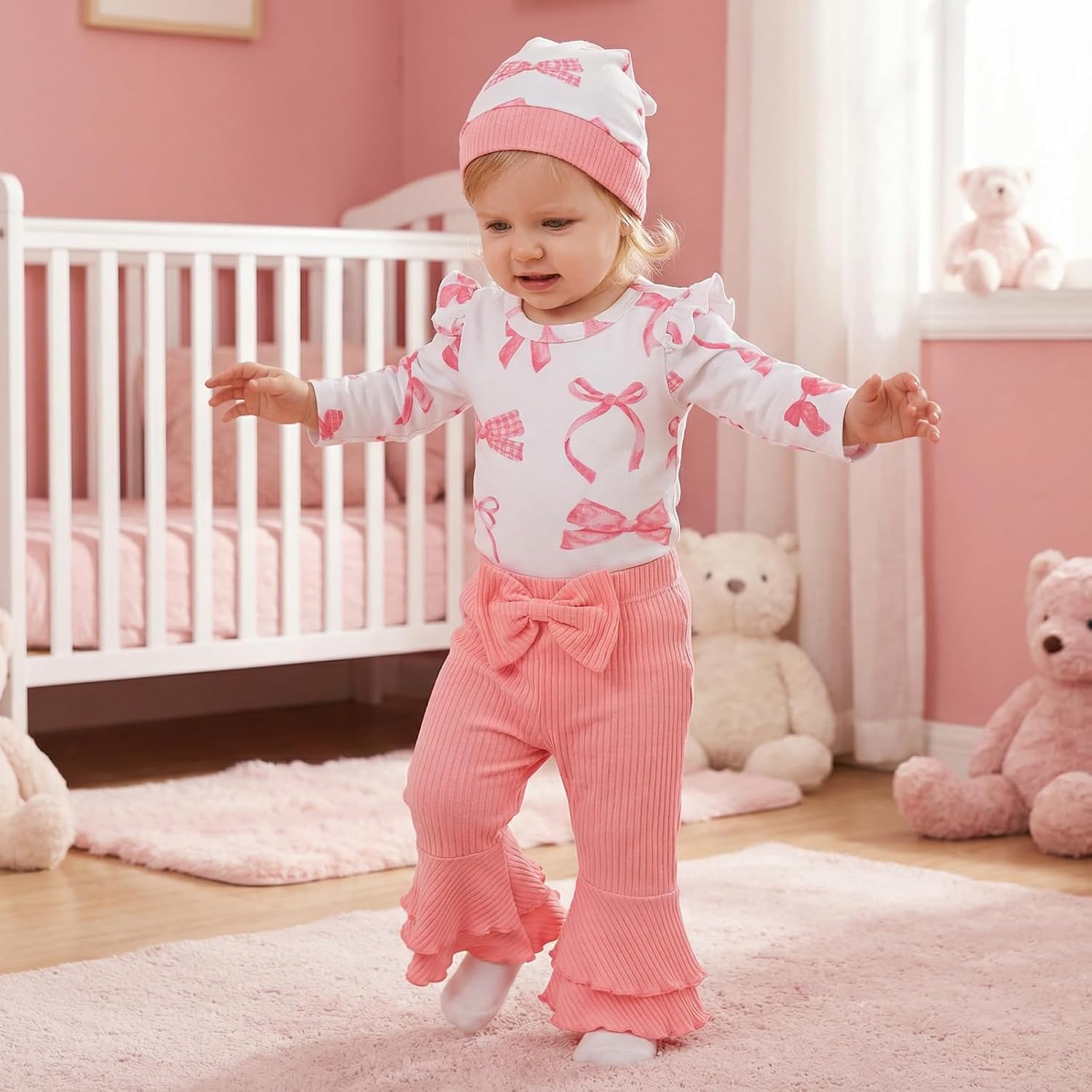 Preemie Newborn Baby Girl Clothes Cute Baby Girl Winter Outfits Gifts Infant Romper Bell Bottoms Pant Bow Headband Sets - Image 6