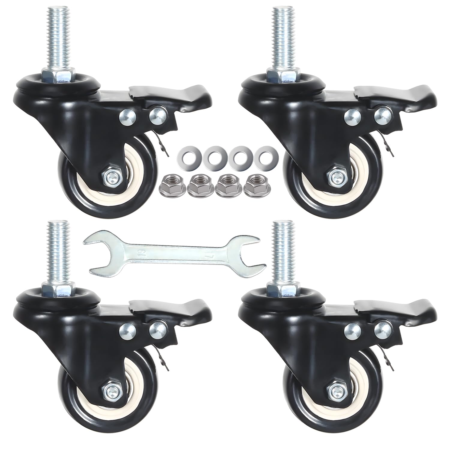 DICASAL 3 Inch Metric Stem Casters, M8*30 Stem Diameter 8mm, Length 30mm Heavy Duty Locking Cster 360 Degree Swivel Stem Wheels with Double Brakes Quite PU Rim for Floor Pack of 4