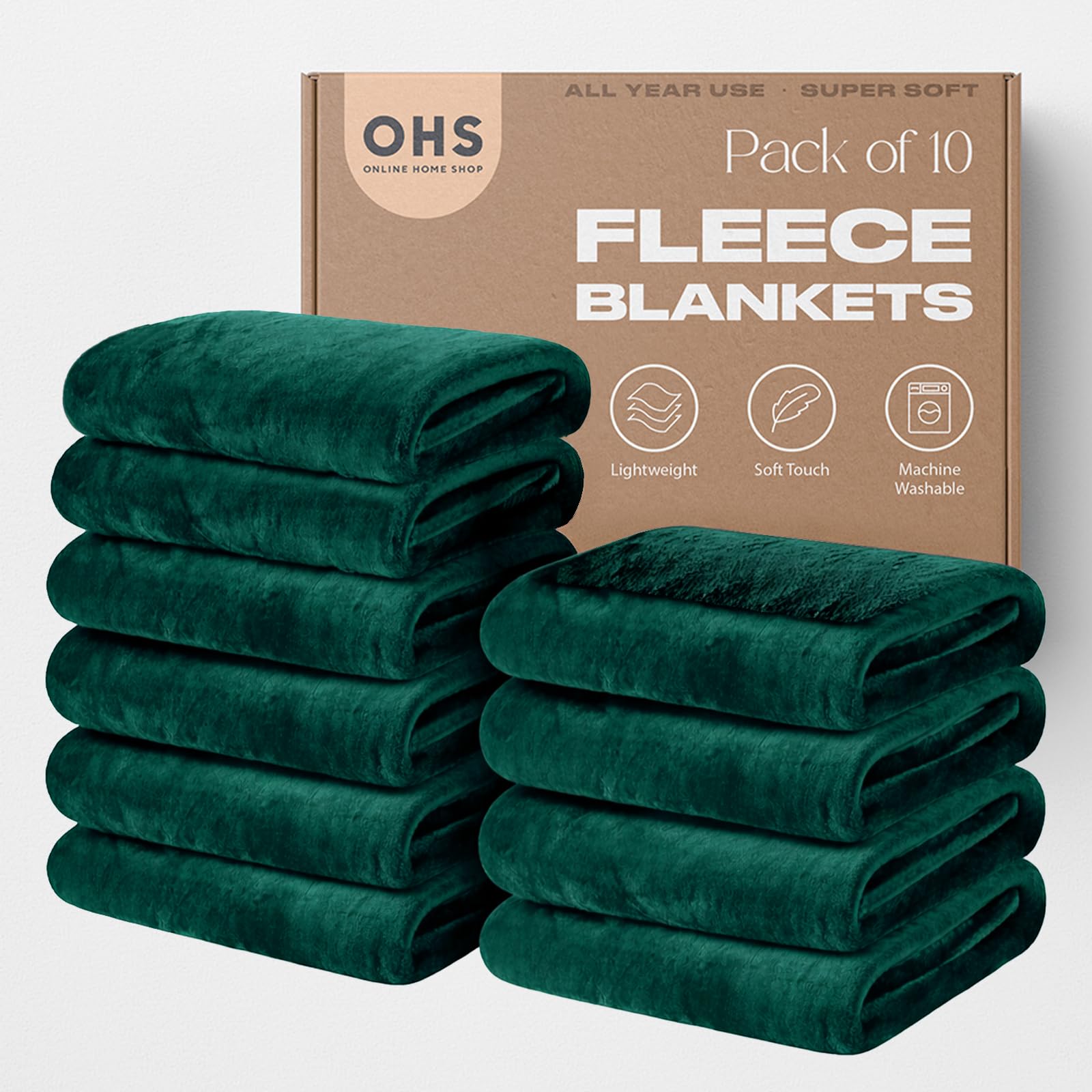 OHS Wholesale 10 x Plain Blanket Bulk Green Throws for Sofa, Super Soft Cosy Warm Fleece Blanket Throws Over Bed Settee Joblot Bed Throw King Size Bulk Throw Blankets, 200 x 240cm