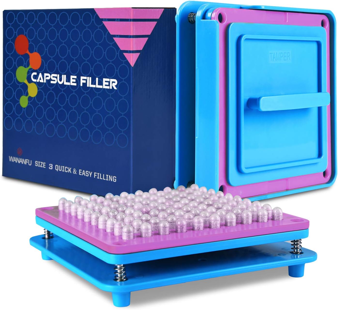 Wananfu Capsule filling machine size 3 with detailed instructions, 100 holes, use with gelatin or vegetarian empty capsules size 3