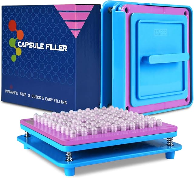 WANANFU Capsule Filling Machine for Size 3 Empty Capsules Vegetarian or Gelatin, Detailed Instructions and Spoon Included