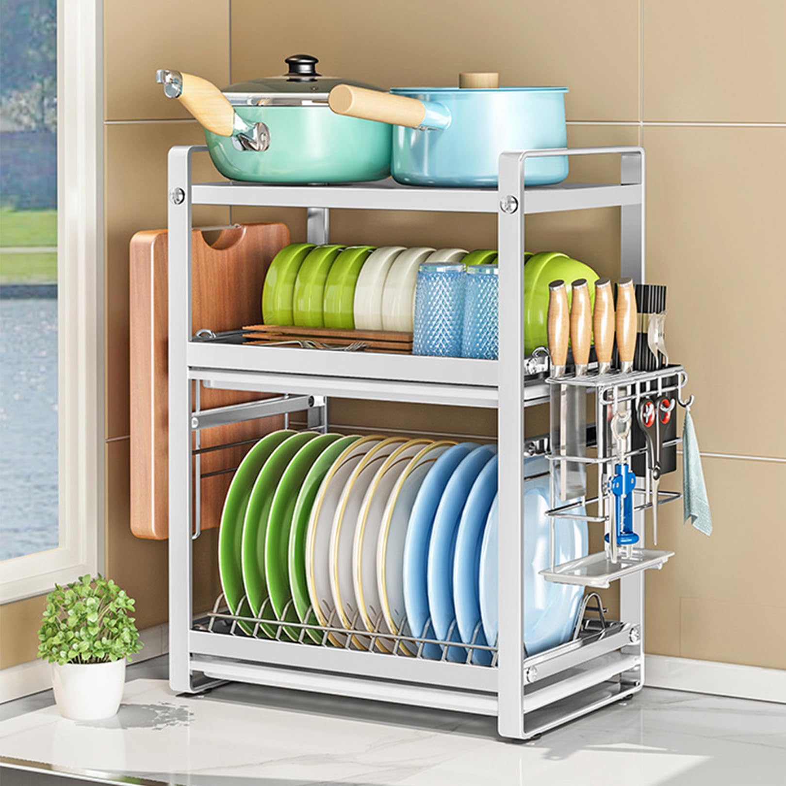FLYIODFCXV drain rack, With Drip Tray, 304 Rack with Draining Board and Utensils Holder(3)