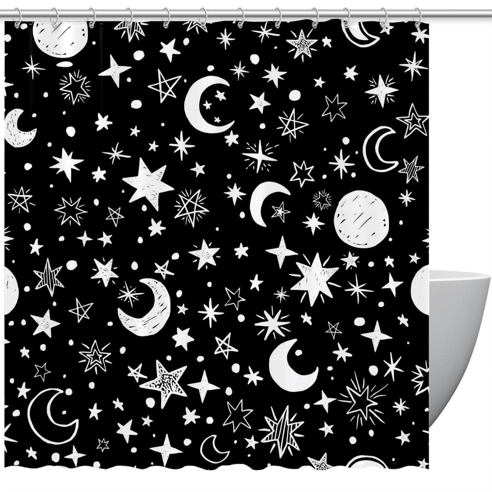 Rideau de douche original lune étoile occultant motif espace pour petite salle de bain