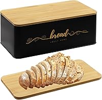 Holismo Bread Box with Bamboo Cutting Board Lid - Airtight Metal Bread Storage Bin for Kitchen Countertop, Black Farmhouse Style