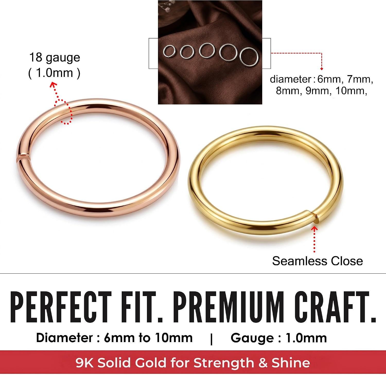 18 Gauge (1.0mm) 9K Solid Gold Seamless Continuous Tiny Hoop Nose Ring Piercing Body Jewelry