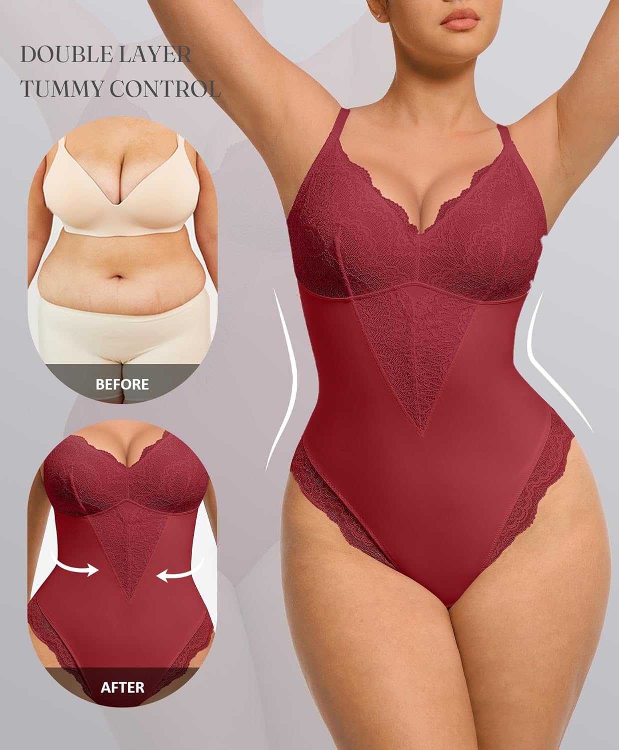 FeelinGirl Womens Body Suits Shapewear Tummy Control Backless Thong Body Shaper V Neck Compression Lace Bodysuit Tops - Image 3