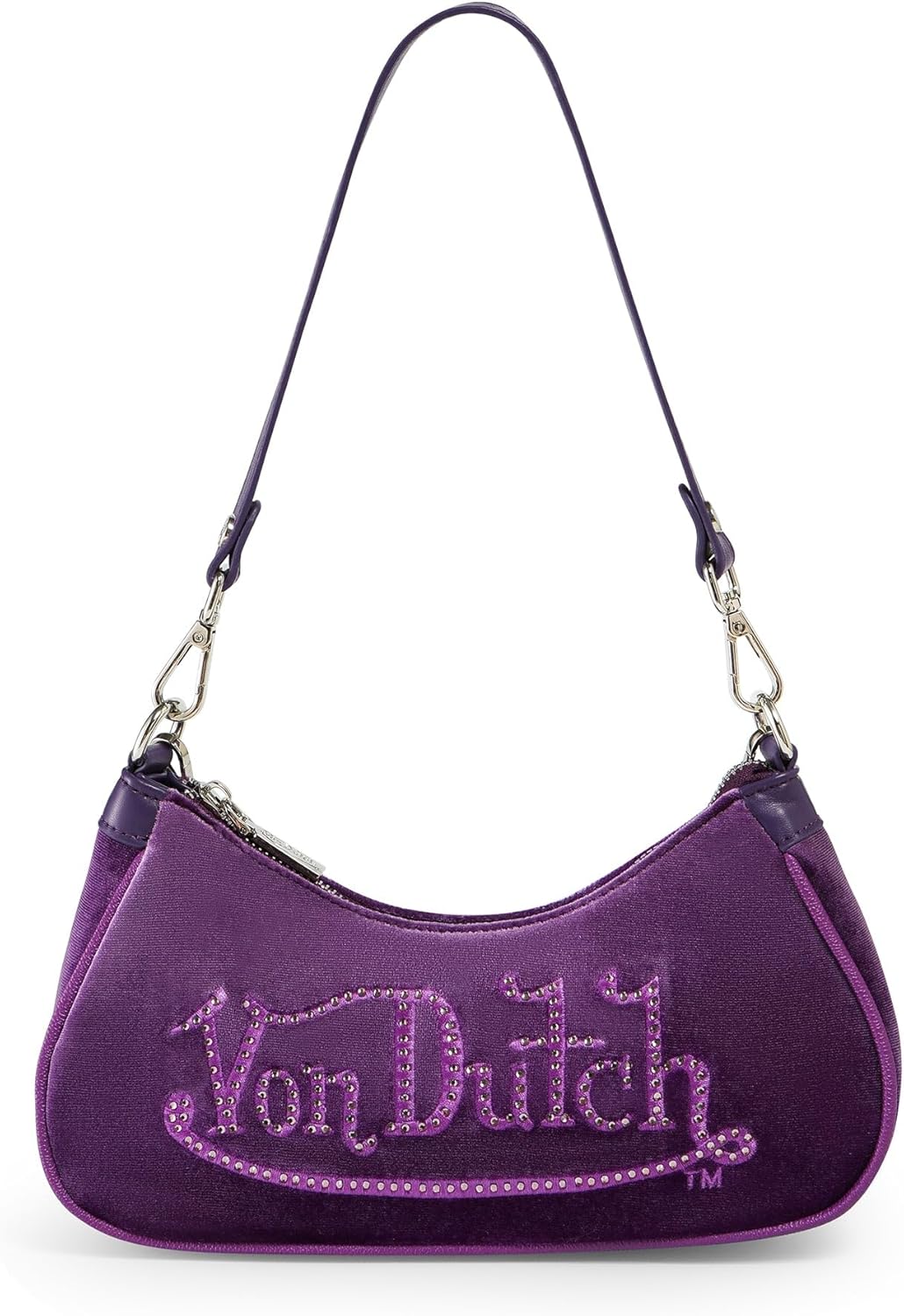 Von Dutch Purse Shoulder Bag, Velvet Handbag Rhinestone Logo and Silver Chain with Wrench