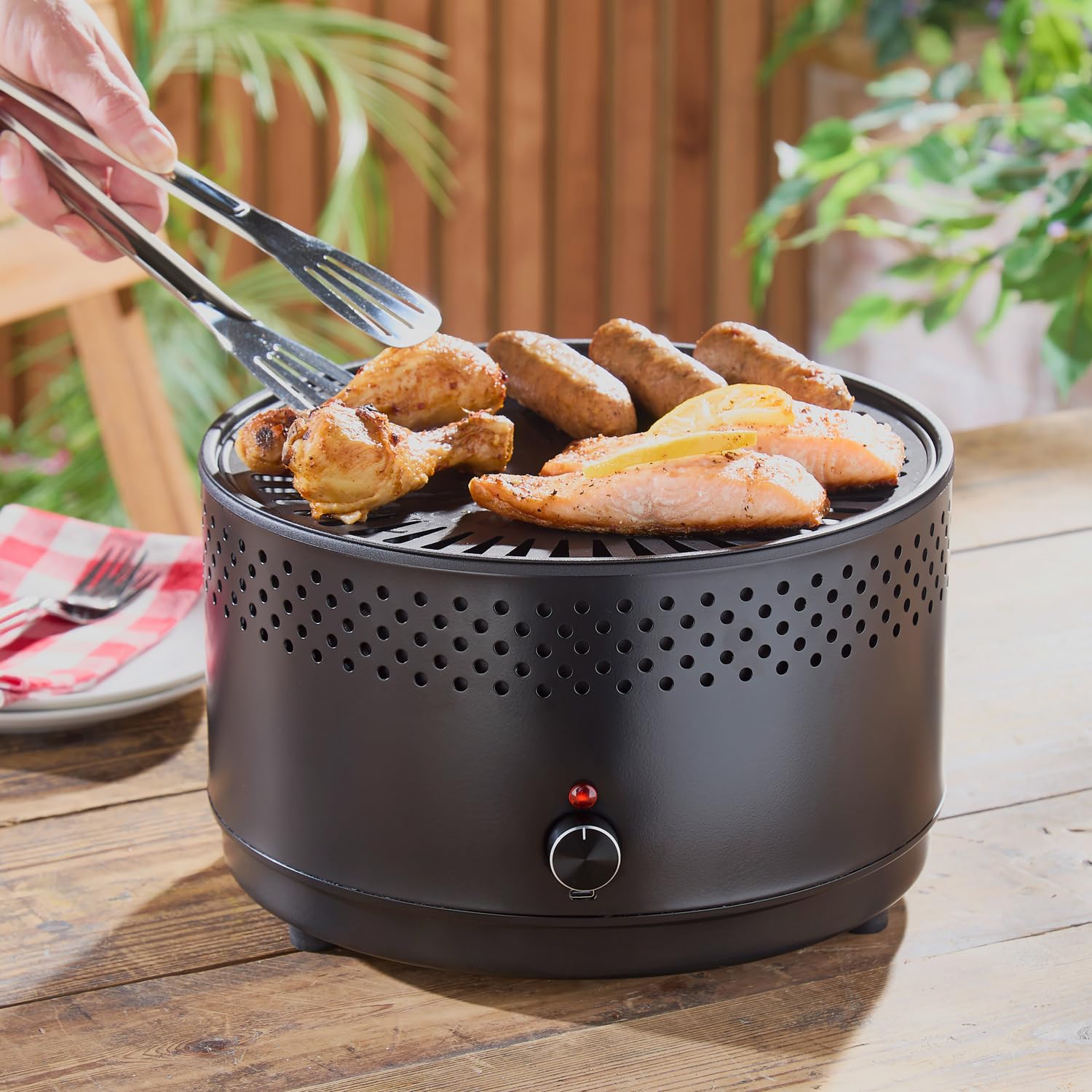 3 PAGEN® Barbecue elettrico a carbonella con ventola, adatto per balcone, terrazza e parco, barbecue da campeggio senza fumo, piccolo e compatto, con pinza, pennello e custodia, diametro 29 cm