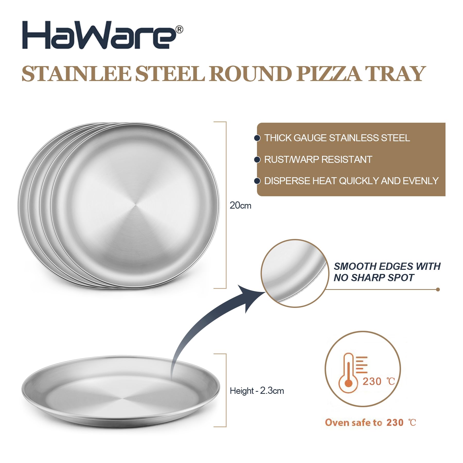 HaWare Set di 4 teglie rotonde per pizza in acciaio inox, da 20,3 cm, per cuocere/servire/cucinare, atossiche e sane, lavabili in forno e lavastoviglie (20 cm)