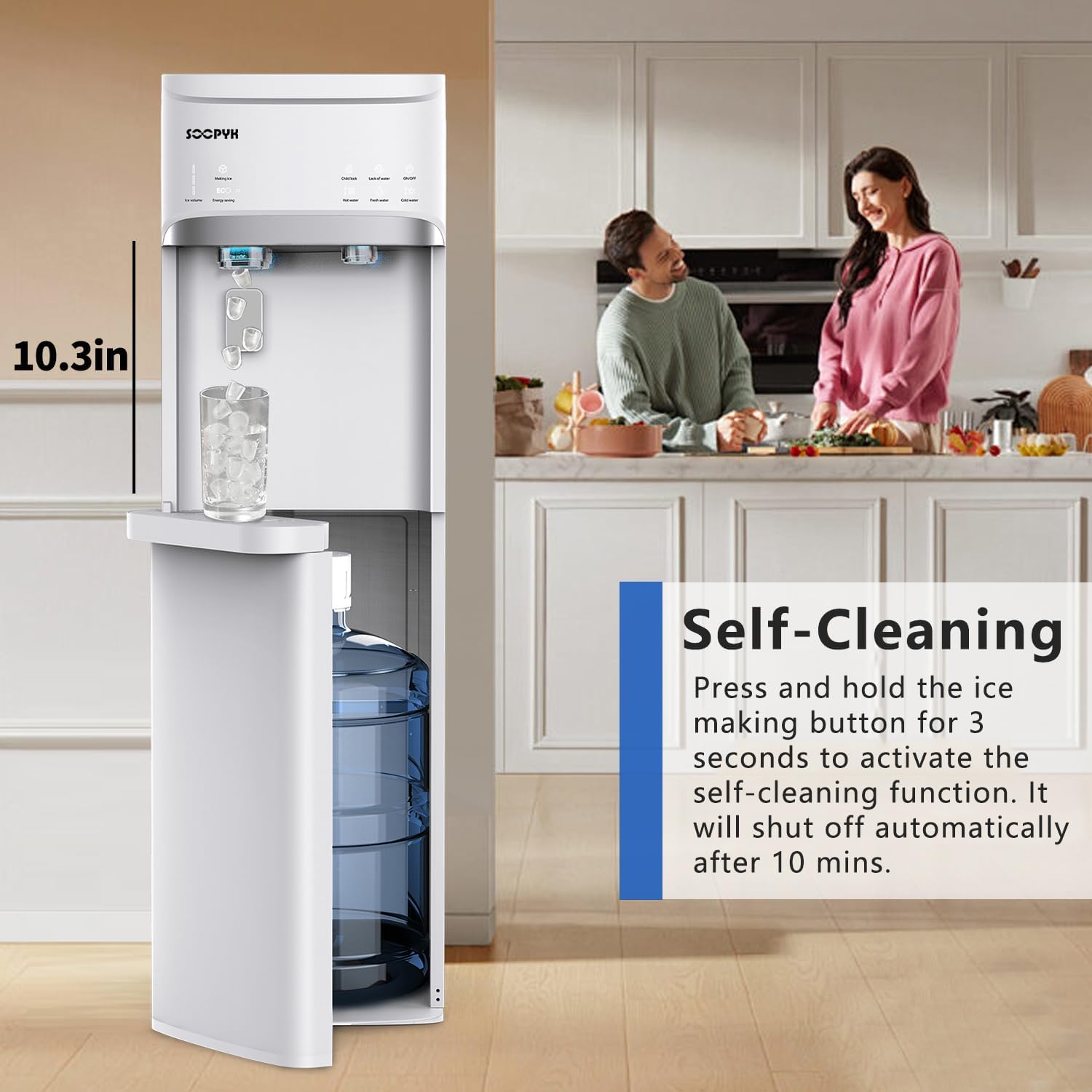 Self Clean Bottom Load Water Cooler Dispenser Built-in Ice Maker for 5 Gallon 3 Temperature Settings 22lbs Daily Capacity White