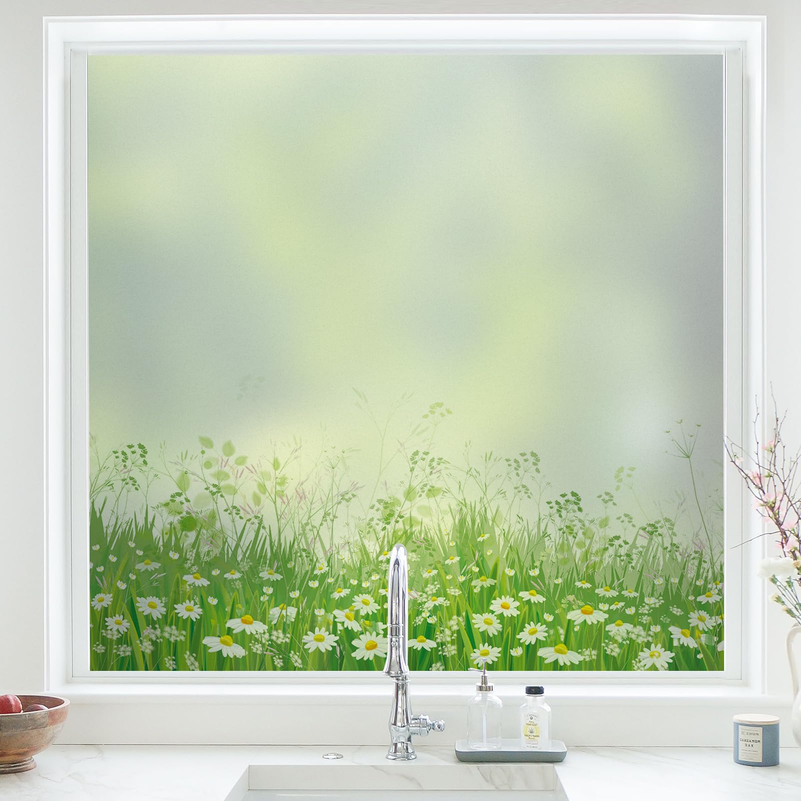 dktie Film électrostatique amovible en vinyle pour fenêtre de cuisine et salle de bain - Motif floral dépoli - Sans colle - 05, 90 x 200 cm