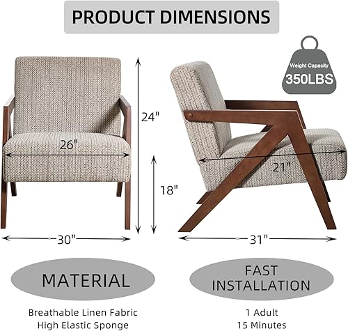 Miniatura 36 de INZOY Silla moderna de mediados de siglo con marco de madera, sillón tapizado con cojín de cintura, silla decorativa para sala de estar, dormitorio,