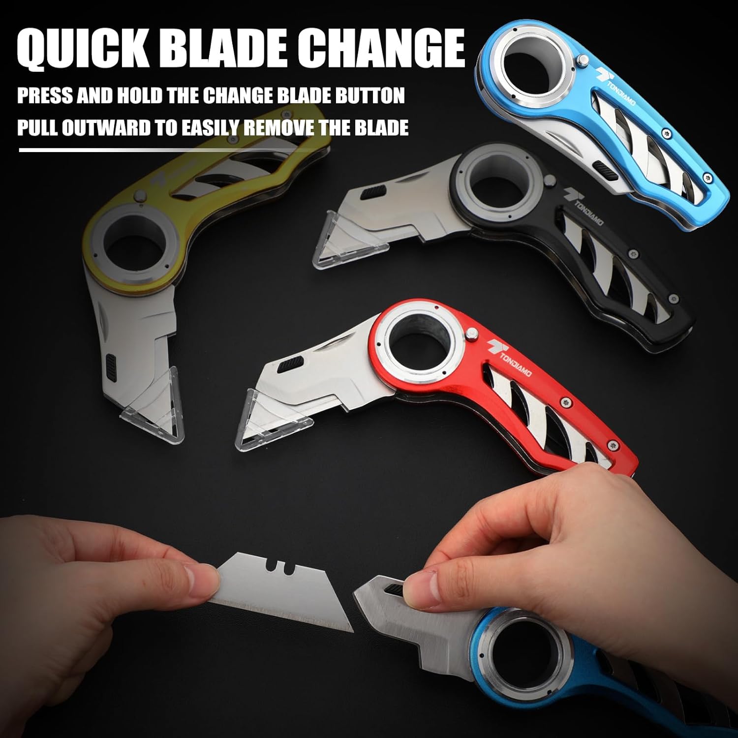 Tondiamo 4 Pcs Folding Pocket Utility Knife Heavy Duty Box Cutter Folding Razor Knife with Anti Slip Finger Loop Easy Change Blades 3 Lock Positions Design (Yellow,Red,Black,Blue)