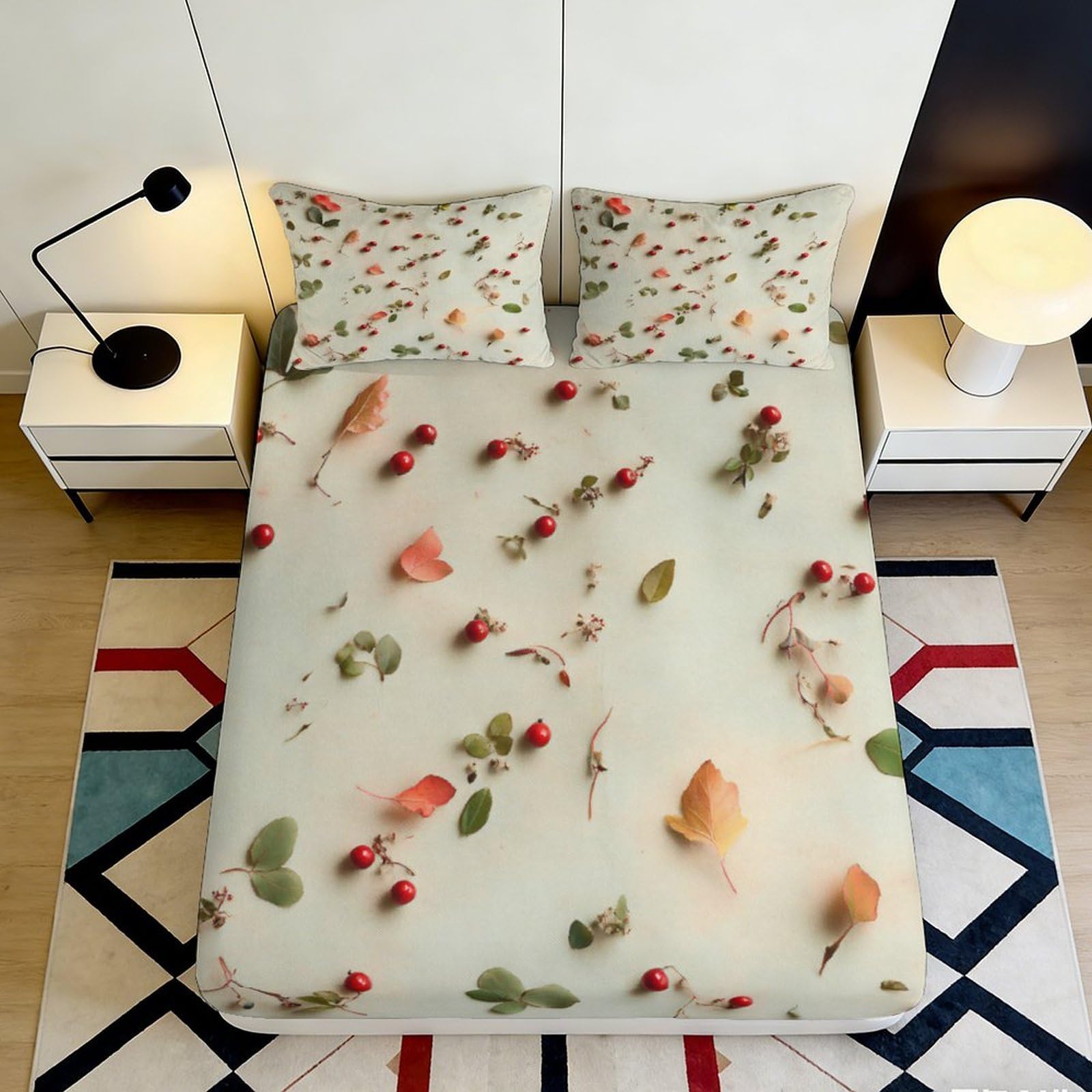 3D Printed Autumn Leaves Fitted Sheet Microfiber Soft Breathable Red Berry Bed Cover for Bedroom Dormitory Guest Room Mattress Protection Decor 120x200x25cm