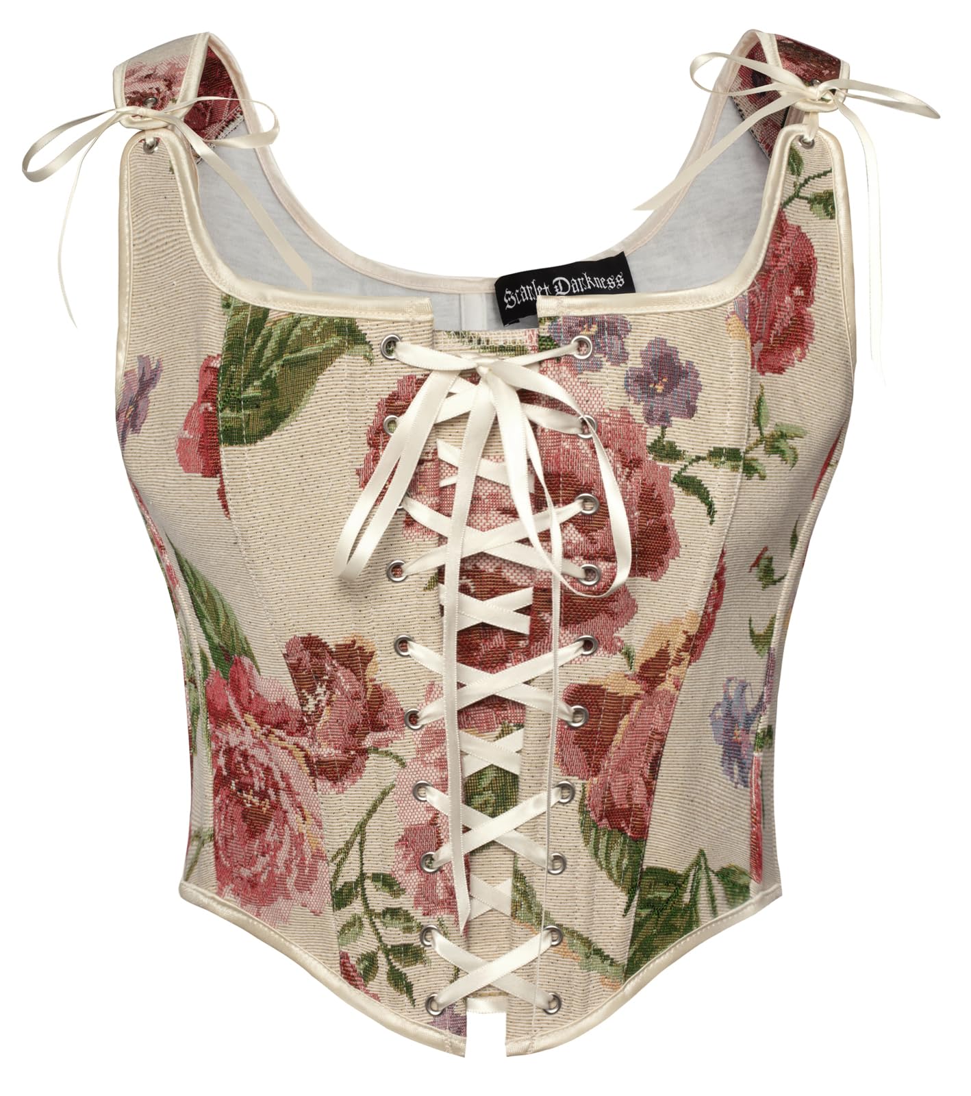 SCARLET DARKNESS Damen Medival Floral Print Corsage Klassisch Retro Unterbrust Boho Elfen Kostüm Aprikose Rot Blumen 48