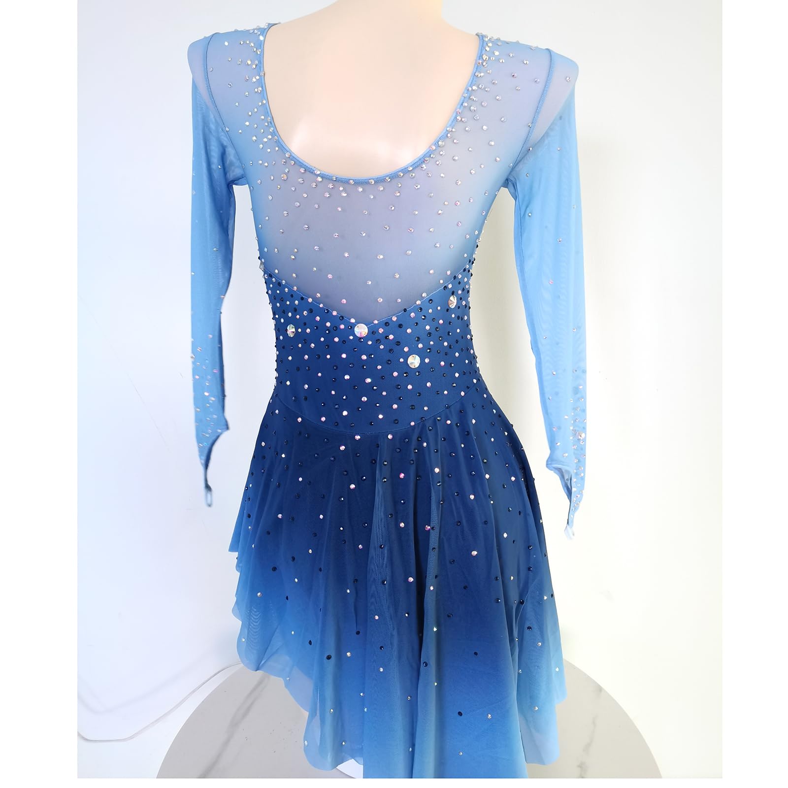 JoyCan Blue Long-Sleeved Figure Skating Dress for Girls Contest Wear