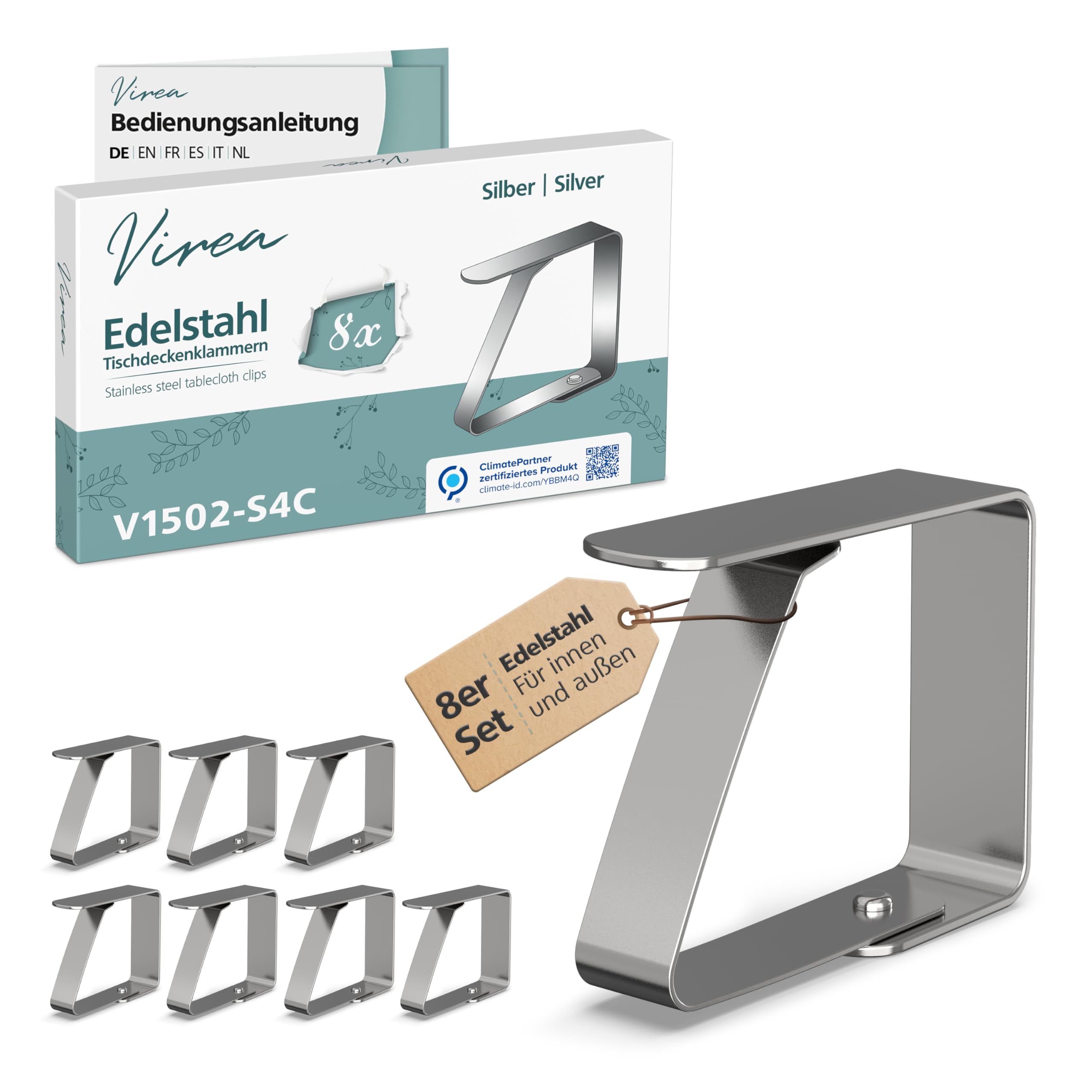 virea 8 x Tischtuchklammern Silber für Plattenstärke von 3cm - - Tischdeckenklammern aus Edelstahl für innen und außen - - Leicht abwaschbare Tischtuchklemmen - - Klemmen mit abgerundeten Kanten