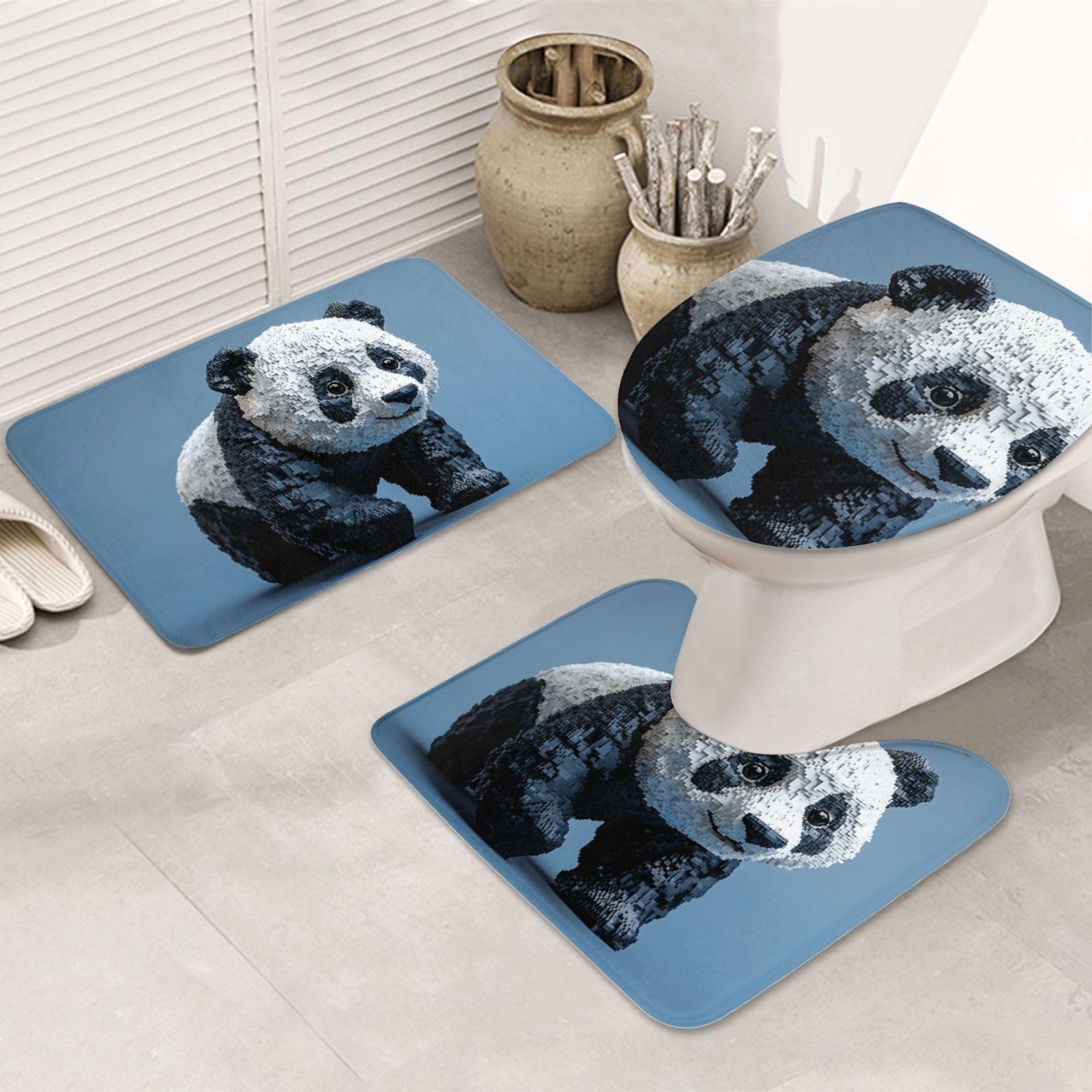 Alfombras de baño de panda juego de 3 piezas alfombrilla de contorno y funda de inodoro lavable