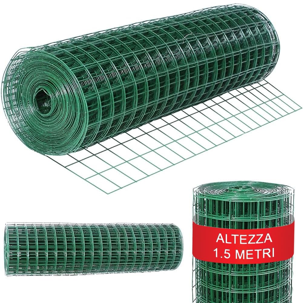 Bakaji Red metálica electrosoldada, altura 150 cm, longitud 25 m, malla 50 x 75 mm, galvanizada para vallas y jaulas animales de metal, Bricolaje DIY jardinería, color verde