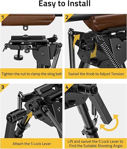 Miniatura 5 de CVLIFE Bípode de rifle con inclinación de pivote, perno giratorio y palanca de bloqueo en S desmontable para estabilidad y tiro al blanco