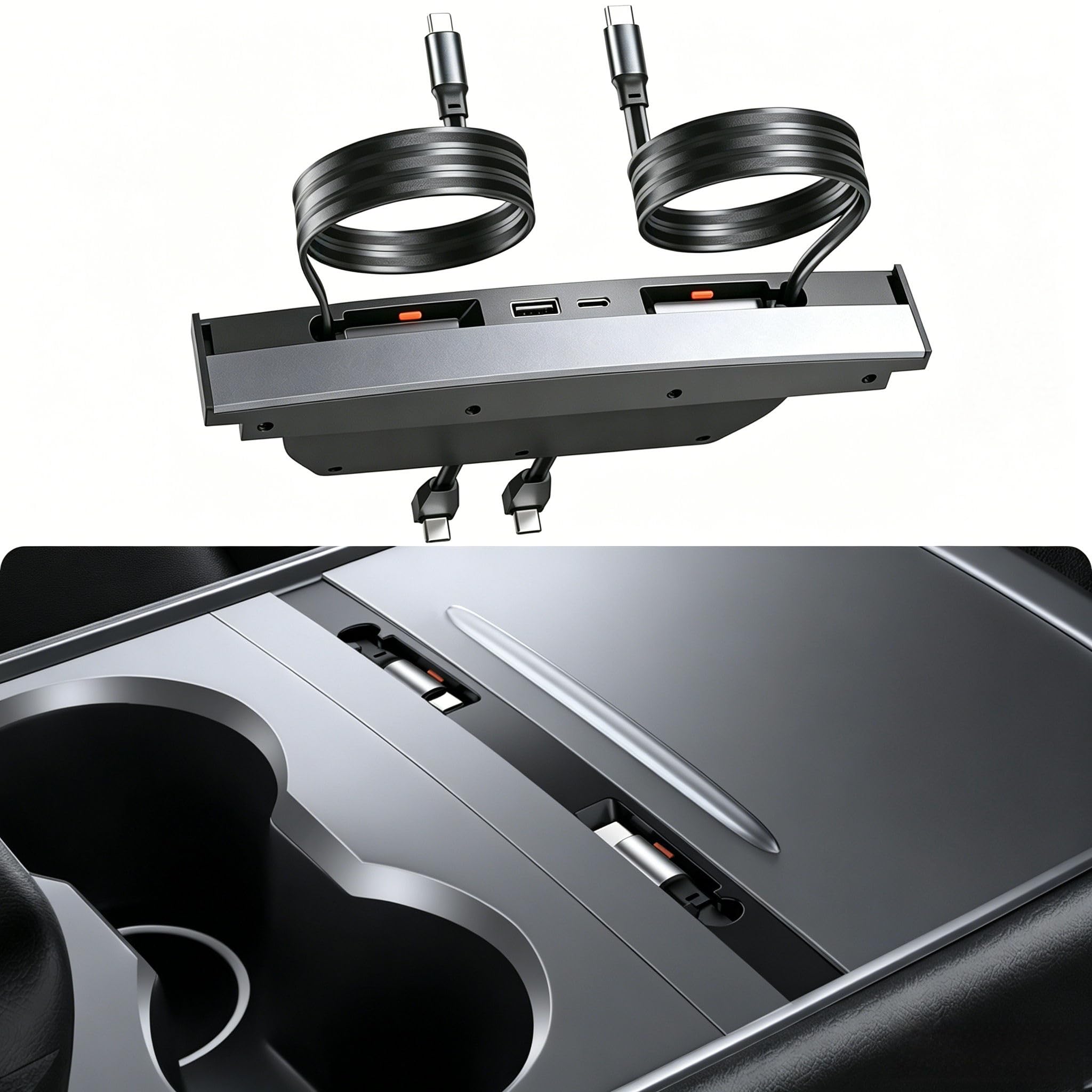 YONZEE Hub USB per caricabatterie per telefono 4 in 1 per Tesla Model Y 2021-2024 e Model 3 2021-2023, ricarica rapida da 27 W, docking station per console centrale con 2 cavi retrattili da 0,8 m e 2