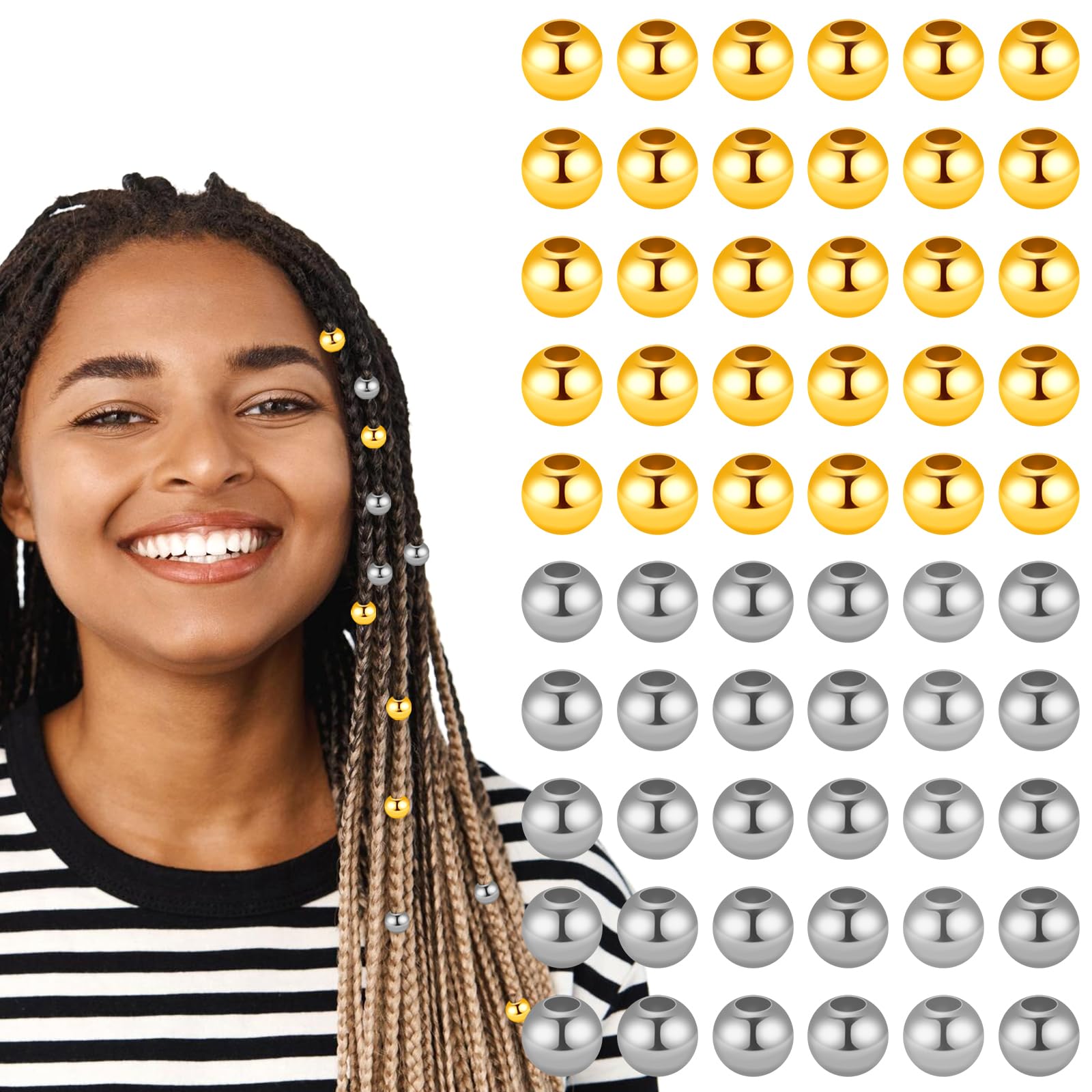 100 PCS Gold and Silver Hair Beads, 6x8mm Smooth Spacer Round Beads for Kids Women Girls Hair Cuffs, Dreadlocks, Braids, Bracelets and Jewelry Making Kit
