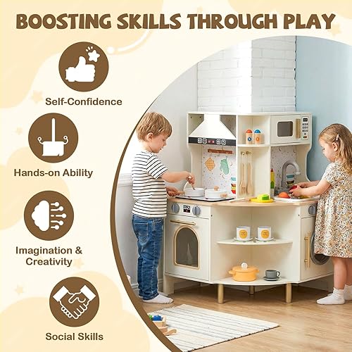 Miniatura 7 de Costzon Cocina de juego de esquina, juego de cocina de juguete de madera con sonido real y luz, grifo giratorio, microondas, horno, campana