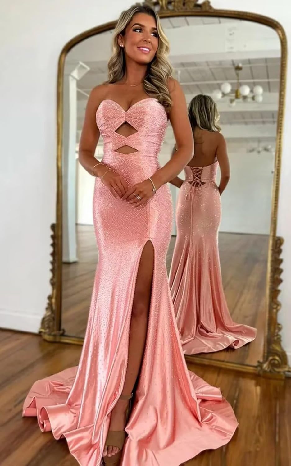 UZN Cut Out Prom Dresses 2026 Sparkly Glitter Strapless Long Mermaid Formal Evening Party Gown with Slit